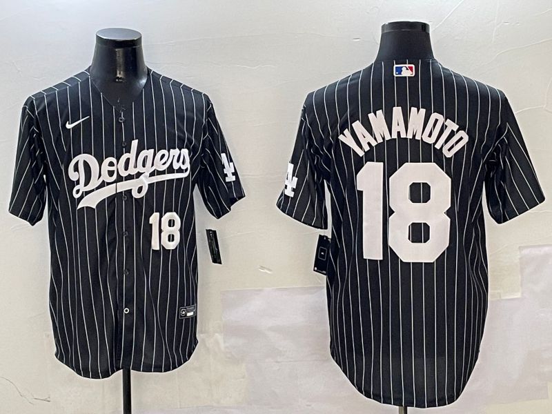 Men Los Angeles Dodgers #18 Yamamoto Black Stripe Jointly Name 2025 Nike MLB Jersey style 4